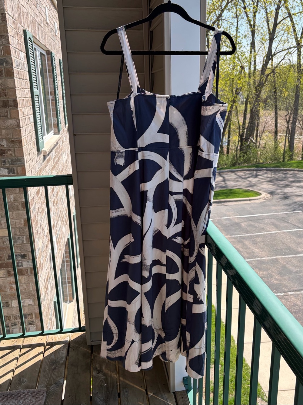🆕🫐Donna Karan New York Abstract Print Midi Dress Navy White Fit & Flare Size 14 - Picture 4 of 17